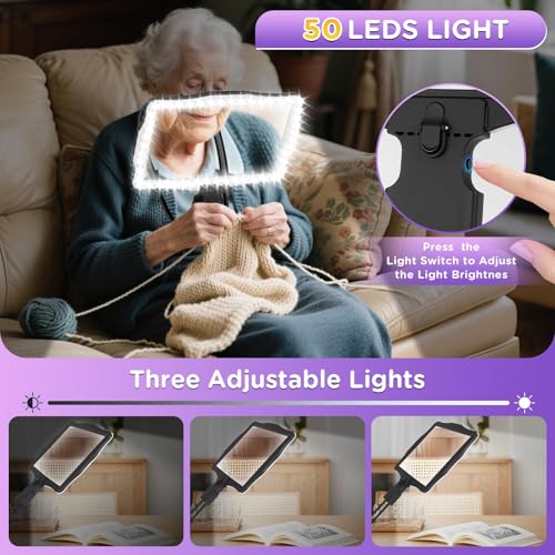 Large 10X Rechargeable Magnifying Glass for Reading with Light Hands Free Magnifying Glass Neck Wear Magnifier with 50 Led Lights Full Book Page Magnifier for Seniors Low Vision Elderly - color: Black