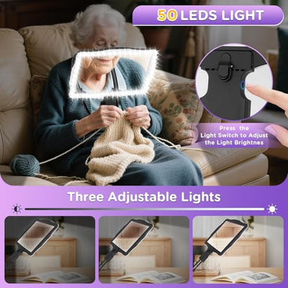 Large 10X Rechargeable Magnifying Glass for Reading with Light Hands Free Magnifying Glass Neck Wear Magnifier with 50 Led Lights Full Book Page Magnifier for Seniors Low Vision Elderly - color: Black