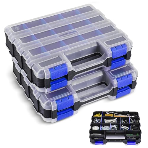 2 Pack Small Parts Organizers, 34-Compartments Double-Sided Tool Box with Removable Dividers for Hardware, Screws, Bolts, Nails & Fishing Accessories, Durable Plastic Storage Case (Blue) - color: Blue