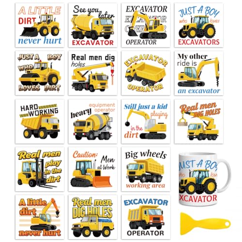 Peacoblue 18 Sheets Rub on Transfers for Crafts, Engineering Vehicles with Text 3.6"x3.9" UV DTF Cup Wraps Waterproof Cold Transfers Stickers for Wood Glass Metal Cup Tumblers Mirrors Mugs Decor - style: Engineering Vehicles with Text