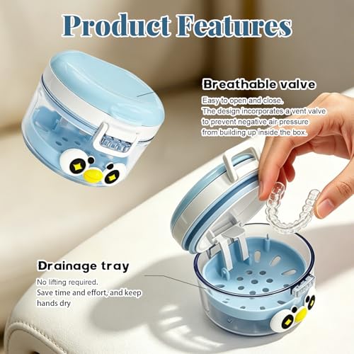 2-in-1 Denture Cleaning Case, No-Leak Soaking Cup, Portable Storage (Blue) - color: Blue