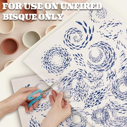 PLIGREAT 5 Pcs School of Fish Underglaze Transfer for Pottery, Ceramic Clay Transfer Paper Blue Rustic Ceramic Tile Decals Under Glaze Transfers for DIY Handicraft Supplies, 20.5x14.6in - style: School of Fish