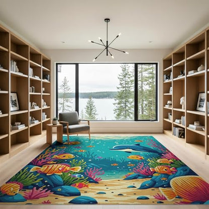 9'x12' Washable Kawaii Fish Oversized Rug, Teal Non-Shedding Pet Friendly Carpet Foldable Easy Care Mat for Master Suite, California King, Under Bed | Ref:1893719