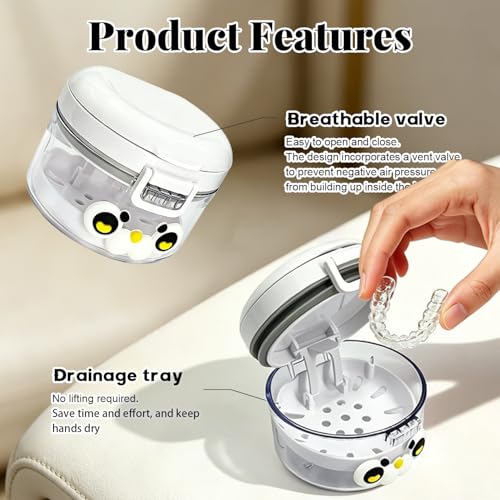 2-in-1 Denture Cleaning Case, No-Leak Soaking Cup, Portable Storage (White) - color: White