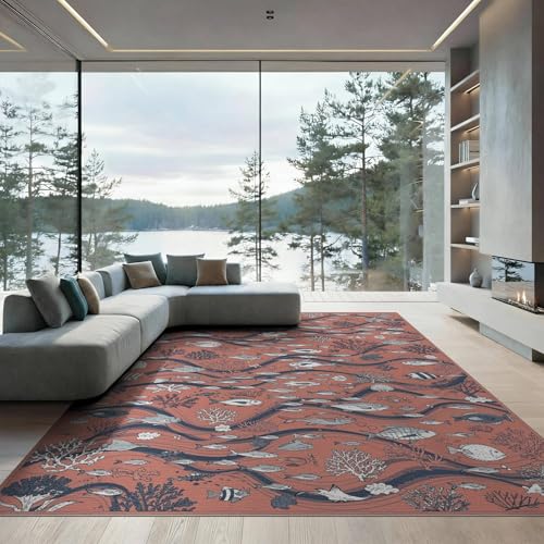 9'x12' Washable Graphic Fish Oversized Rug, Coral Non-Shedding Pet Friendly Carpet for Master Suite, California King, Under Bed, Foldable Easy Care Mat | Ref:1907733 - color: Pink/Pattern 7, size: 9' x 12' (Rectangular)
