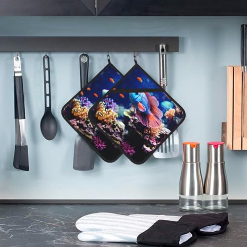 Coral Reef Fish Aquarium Pot Holders Set of 2 Kitchen Potholders with Pocket Heat Resistant Hot Pad Table Pads Non Slip Trivet for Cooking Baking Camping