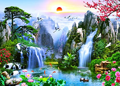 BELECO 10x8ft Fabric Fairyland Mountain Lake Photography Backdrop Waterfalls Swans Fish Flowers Dreamy Natural Landscape Painting Background Wall Murals Home Decor Kids Adults Portrait Photoshoot - size: 10x8FT