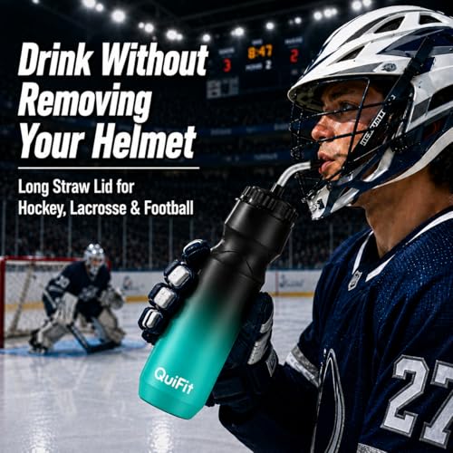 Lacrosse Water Bottle with Long Straw -32oz Hockey Water Bottle 2 Pack | 2 Lids Each- BPA Free Squeeze Sports Water Bottles, Leakproof Dishwasher Safe- for Helmet,Lacrosse (Black Blue+Black White) - color: Black Blue+Black White