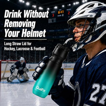 Lacrosse Water Bottle with Long Straw -32oz Hockey Water Bottle 2 Pack | 2 Lids Each- BPA Free Squeeze Sports Water Bottles, Leakproof Dishwasher Safe- for Helmet,Lacrosse (Black Blue+Black White) - color: Black Blue+Black White