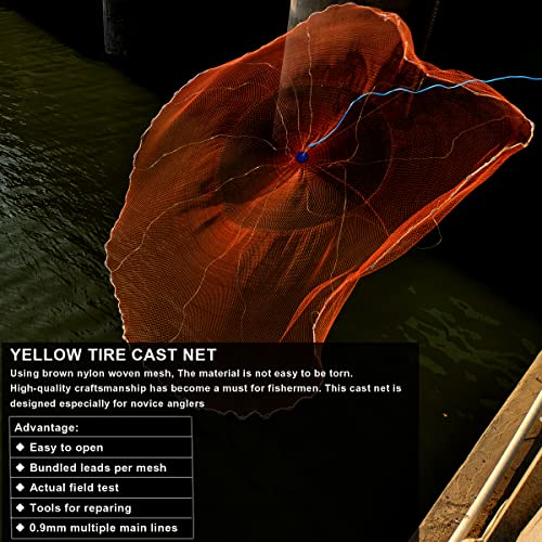 Saltwater American Fishing Cast Net 3/8inch Mesh Size for Bait Shrimp Trap Fish Heavy Duty Sinkers Throw Net 3FT/4FT/5FT/6FT/7FT/8FT/9FT/10FT Radius - color: yellow, size: 7FT Radius, style: Zinc-iron--tire Lines -3/8" Mesh 1lb/Ft