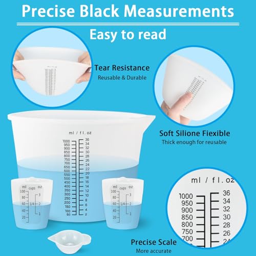 Creahaus 1000ML Large Silicone Measuring Cups for Resin, Easy to Read 36oz Silicone Mixing Bowl with 100ML Mixing Cup, Easy Clean Reusable Epoxy Resin Supplies with Stir Stick, Pipettes - color: Black, size: 1000ml+100ml kit