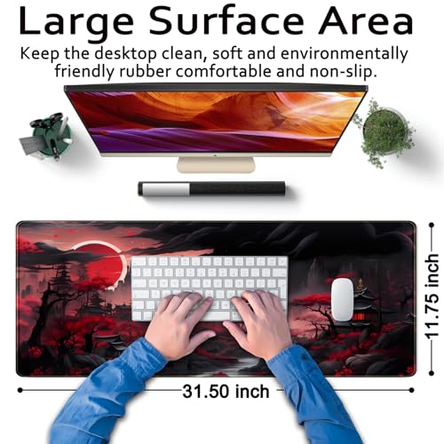 Riverside Full Moon Desk Pad Black Red Desk Mat Japanese Anime Extended XXL Keyboard Pad for Desk Gaming Computer Laptop Office Mouse Pad with Stitched Edges Non-Slip Large Computer Mat 31.5x11.8 in - color: Red Night