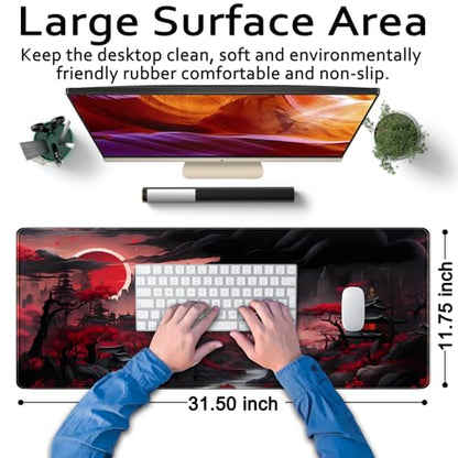 Riverside Full Moon Desk Pad Black Red Desk Mat Japanese Anime Extended XXL Keyboard Pad for Desk Gaming Computer Laptop Office Mouse Pad with Stitched Edges Non-Slip Large Computer Mat 31.5x11.8 in - color: Red Night