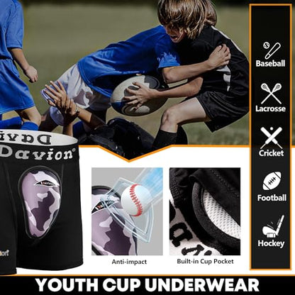 Davion 2-Pack Baseball Cup Youth Boys Underwear with kids Soft Athletic Cup - color: Black-2pack, size: Large