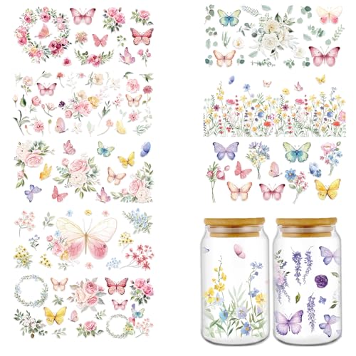 UV DTF Cup Wrap - 10 Sheets Spring Flower UV DTF Cup Wraps for 16 oz Glass, Wildflower Butterfly UVDTF Decals for Water Bottle, Waterproof Floral Rub on Transfer Stickers, DIY Crafts - style: Spring Flower