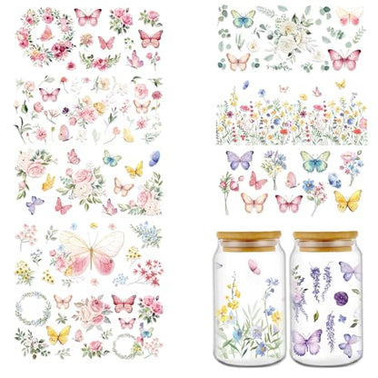 UV DTF Cup Wrap - 10 Sheets Spring Flower UV DTF Cup Wraps for 16 oz Glass, Wildflower Butterfly UVDTF Decals for Water Bottle, Waterproof Floral Rub on Transfer Stickers, DIY Crafts - style: Spring Flower