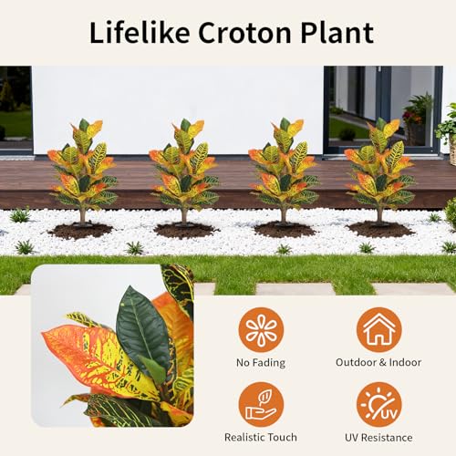UV-Resistance 35inch Artificial Croton Plant, 2 Pack Fake Croton with Ground Spike, Faux Fiddle Leaf Fig Tree for Outdoor Home Decor