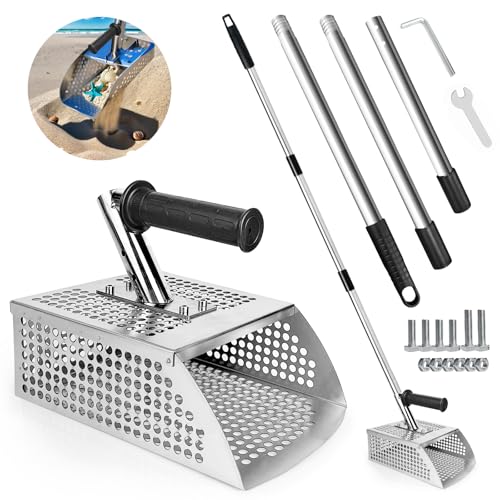 Sand Scoop for Metal Detecting - Metal Detector Sand Flea Rake for Beach with Anti Slip Handle Heavy Duty Stainless Steel Sand Sifter Shovel with Long Handle Ideal for Underwater Treasure Hunting