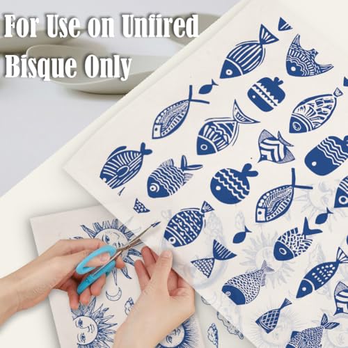 SUPERDANT 6PCS Feather Fish Leaf Underglaze Paper Transfer Sun Moon Transfer Papers for Clay Paisley Ceramic Porcelain Under Glaze Transfers for Pottery Blue Underglaze Decal Handcrafted Gifts - style: Feather Sun and Fish