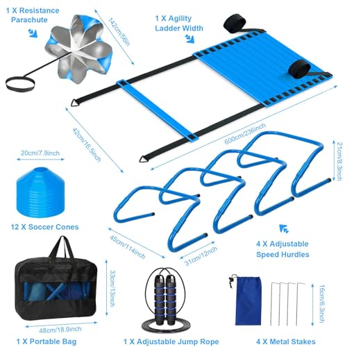 Agility Ladder, Soccer Training Equipment Set, 4 Agility Hurdles, 20ft Speed Ladder, Running Parachute, 12 Football Cones, Jump Rope | Soccer Basketball Athletes Speed Training - color: Blue