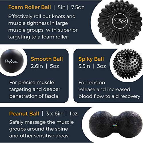 Deep Tissue Massage Ball Set – Set of 4: Lacrosse, Spiky, Peanut and 5” Foam Roller Massager Balls for Muscle Massage, Mobility, Trigger Points and Myofascial Release
