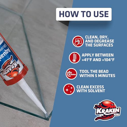 Kraken Bond Aquarium Silicone Sealant Clear - (2x10.1 fl. oz.) 100% Waterproof Aquarium Safe Silicone, Non-Toxic Fish Tank Safe Sealant, Fast Curing and Strong Adhesion, 2 Pack - color: Clear, size: 2 Pack