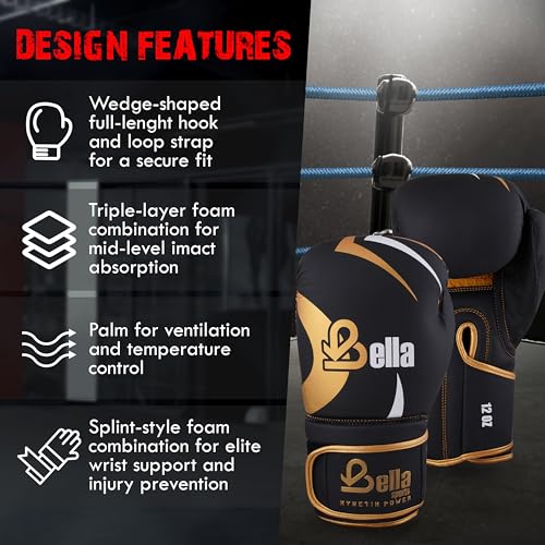 Bella Boxing Gloves - Pro Training & Sparring Gloves, Maya Hide Leather, Men Women Adult, Muay Thai MMA Kickboxing Workout, Heavy Punching Bag & Focus Mitts, Multi Layer Padding, Ventilated Palm - color: Golden, size: 8oz