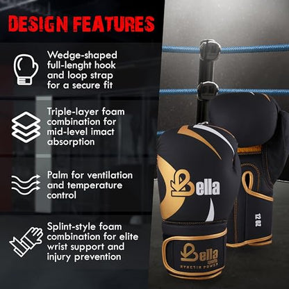Bella Boxing Gloves - Pro Training & Sparring Gloves, Maya Hide Leather, Men Women Adult, Muay Thai MMA Kickboxing Workout, Heavy Punching Bag & Focus Mitts, Multi Layer Padding, Ventilated Palm - color: Golden, size: 8oz