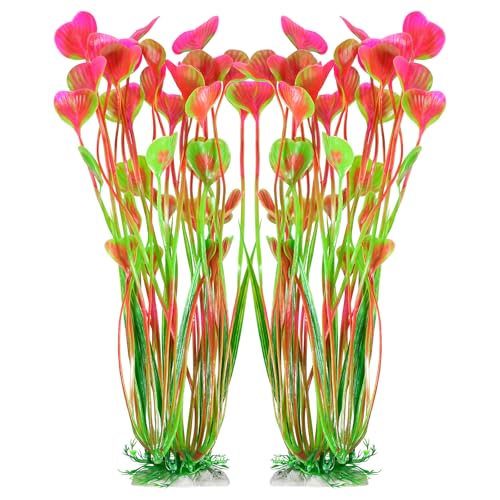 AQUANEAT Artificial Fish Tank Plants, Plastic Aquarium Accessories Large, 15.5 inch Pink Decorations, 2pcs - color: Pink