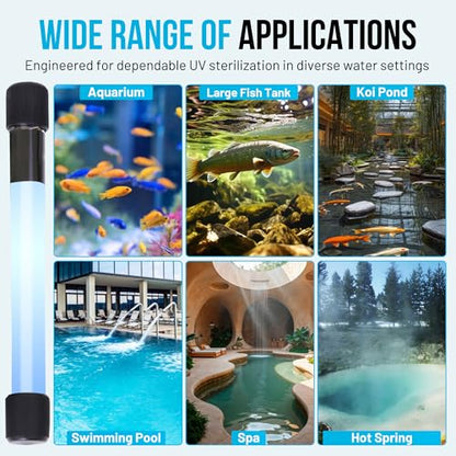13W UV Water Sterilizer with 9.84 ft Cable for up to 300 Gallon Aquariums, Ponds & Pools - Professional UV Clarifier for Green Water Control in Koi Ponds, Fish Tanks, Spas & Cold Plunge