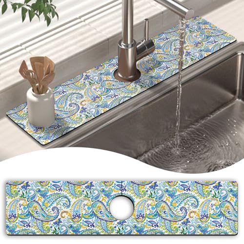 Kitchen Sink Splash Guard Faucet Mat 24" X 5.5" Paisley Absorbent Fast Drying Mat Faucet Draining Mat Sink Splash Guard Behind Faucet Drip Catcher for Kitchen Bathroom - color: paisley02, size: 24*5.5in