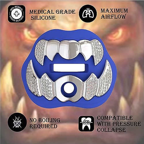 LeCool Football Mouth Guard with Connected Strap- 3D Beast Chrome Adult and Youth Mouth Guard-Mouth Piece for Sports for Maximum Air Flow and Teeth Protection - color: Blue-silver