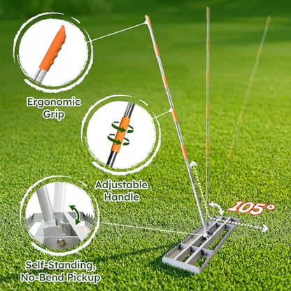 Lawn Leveling Rake, 2-in-1 Double-Sided Landscape Leveler with 20 Marking Flags for Low Spot, 30"×10" Heavy Duty Stainless Steel Flat & Serrated Side for Soil Sand Gravel, Yard Garden Golf Course