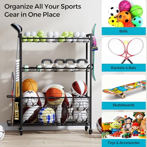 Sports Equipment Storage Rack with Wheels, 3-Tier Ball Organizer - size: 31" Wide
