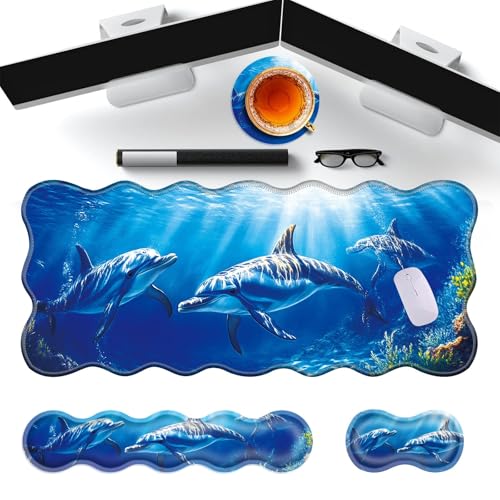 Large Gaming Mouse Pad, Keyboard Wrist Rest Pad & Wrist Support Mousepad Set, Stitched Edge, Extended, Non-Slip Base, Memory Foam Desk Mat for Office, Home,Dolphins Swimming in the Ocean - color: Dolphins Swimming in the Ocean