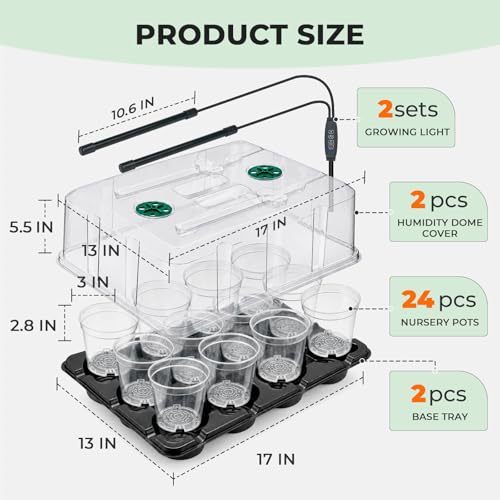 4 Inch Seed Starter Trays 2 Pack, 12-Cell | With Grow Light, Humidity Dome, 24 Pcs 4" Nursery Pots, Plastic Germination Kit - size: 4 Inch, style: 2 Pack Tray+Pots+Dome+Grow Light