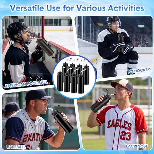 8 Pack Hockey Water Bottles 1 Liter Easy Squeeze Plastic 34 oz Sports Water Bottles with Long Straws for Hockey, Lacrosse, Football, Soccer, Baseball, Gym Sports Helmets (Black) - color: Black