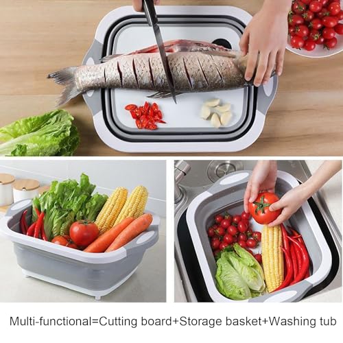Camping Collapsible Cutting Board Dish Basin BBQ Prep Tub Camp Sink Dish Washing Station Multifunctional Storage Basket(Grey green) - color: Grey Green