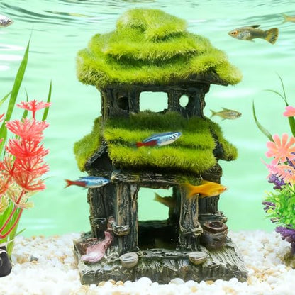 Hoypeyfiy Aquarium Decor Fish House with Simulated Moss, Double Layer Fish Hideout Ornament for Tropical Fish Tanks, Realistic Aquarium Cave Decoration Includes 2 Artificial Plants