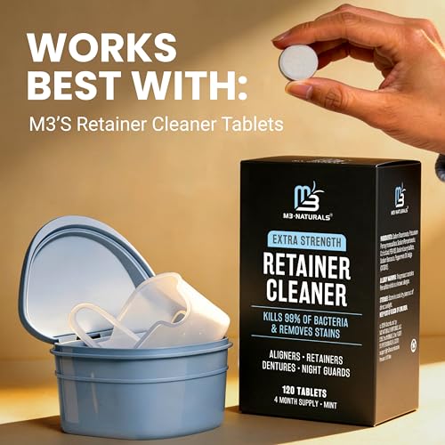 Denture Bath Case for Retainers, Phthalate-Free, No-Spill Strainer by M3 | 1 Case & Strainer for Invisalign Retainers, Baby Pacifiers, Mouth, Night & Snore Guards, Portable Soaking & Easy Rinsing - size: 1 Count (Pack of 1)