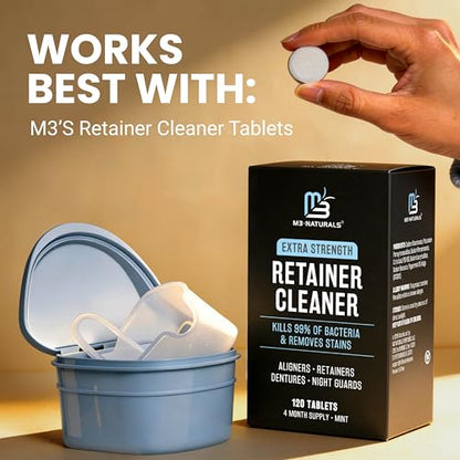 Denture Bath Case for Retainers, Phthalate-Free, No-Spill Strainer by M3 | 1 Case & Strainer for Invisalign Retainers, Baby Pacifiers, Mouth, Night & Snore Guards, Portable Soaking & Easy Rinsing - size: 1 Count (Pack of 1)