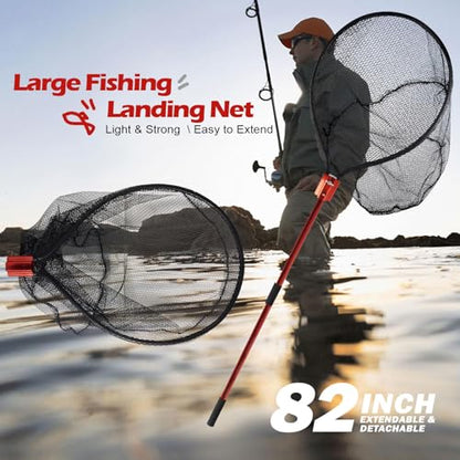 Fish Landing Net with Extendable Aluminum Telescoping Handle, Large Fishing Net for Steelhead,Catfish, Bass, Salmon, Flyfish,Trout, Flagfish, Tuna Fishing net Extend to 82 Inches - HeavyDuty