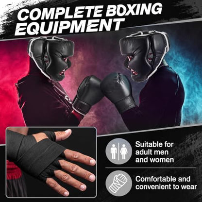 Kanayu 14 Pcs Boxing Gloves and Headgear Set for Beginners Youth 16 Ounce Boxing Gloves Headgear Helmet Hand Wraps Mouth Guards Equipment for Beginners Training Equipment Gifts - color: Black