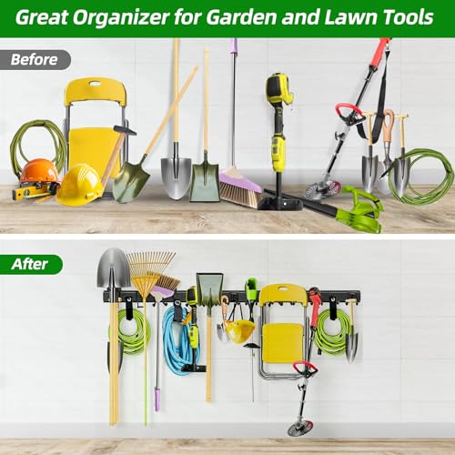 Garage Wall Organizer, 96 in Garden Tool Organizer with 12 Adjustable Hooks | 720 LBS Load, Wear & Tear Resistant, Soft Anti-Scratch Hook Sleeves, 3 Extra Storage Straps, For Garden Lawn & Shed Tools - size: 96 inch 12-Hook