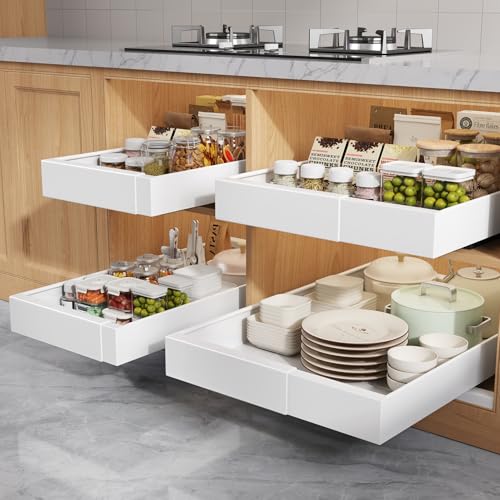 4 Pack Pull Out Cabinet Organizers 21" Deep With Raising Pad for Framed Cabinets, Expandable Width (9"-14") Slide Out Drawers Upgrade 3 Slide Rails, Roll Out Shelves Adhesive, White - color: White, size: 9"-14"Wide x 21"Deep(4 Pack)