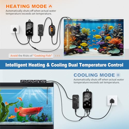 Digital Temperature Controller, Aquarium Heater Reptile Thermostat Heating and Cooling Dual Outlet with Seawater-Resistant Probe for Fish Tanks, Reptile Tanks, Greenhouse & Seedling Mat