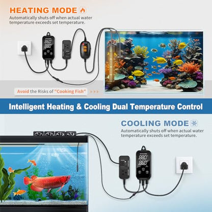 Digital Temperature Controller, Aquarium Heater Reptile Thermostat Heating and Cooling Dual Outlet with Seawater-Resistant Probe for Fish Tanks, Reptile Tanks, Greenhouse & Seedling Mat