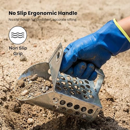 Fisher Galvanized Metal Sand Scoop with Filtering Holes, Heavy Duty Design, Rubberized Grip, and No-Slip Ergonomic Handle for Efficient Sifting and Sand Digging