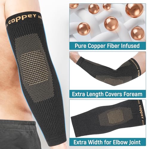 Copper Elbow Compression Sleeve, Extends to Forearm, Snug Fit, Medium | Copper Infused, Extended Coverage, Tennis Elbow Brace, Weightlifting, Tendonitis, Golfers Elbow Pain Relief - size: Medium