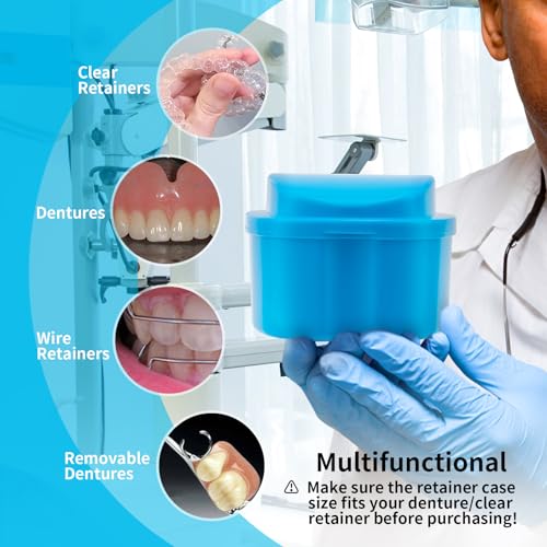 Dental Orthodontic Retainer Case Cleaning with Strainer Basket, Denture Bath Box Soaking Cup Mouthguard Storage Holder - Blue - color: Blue